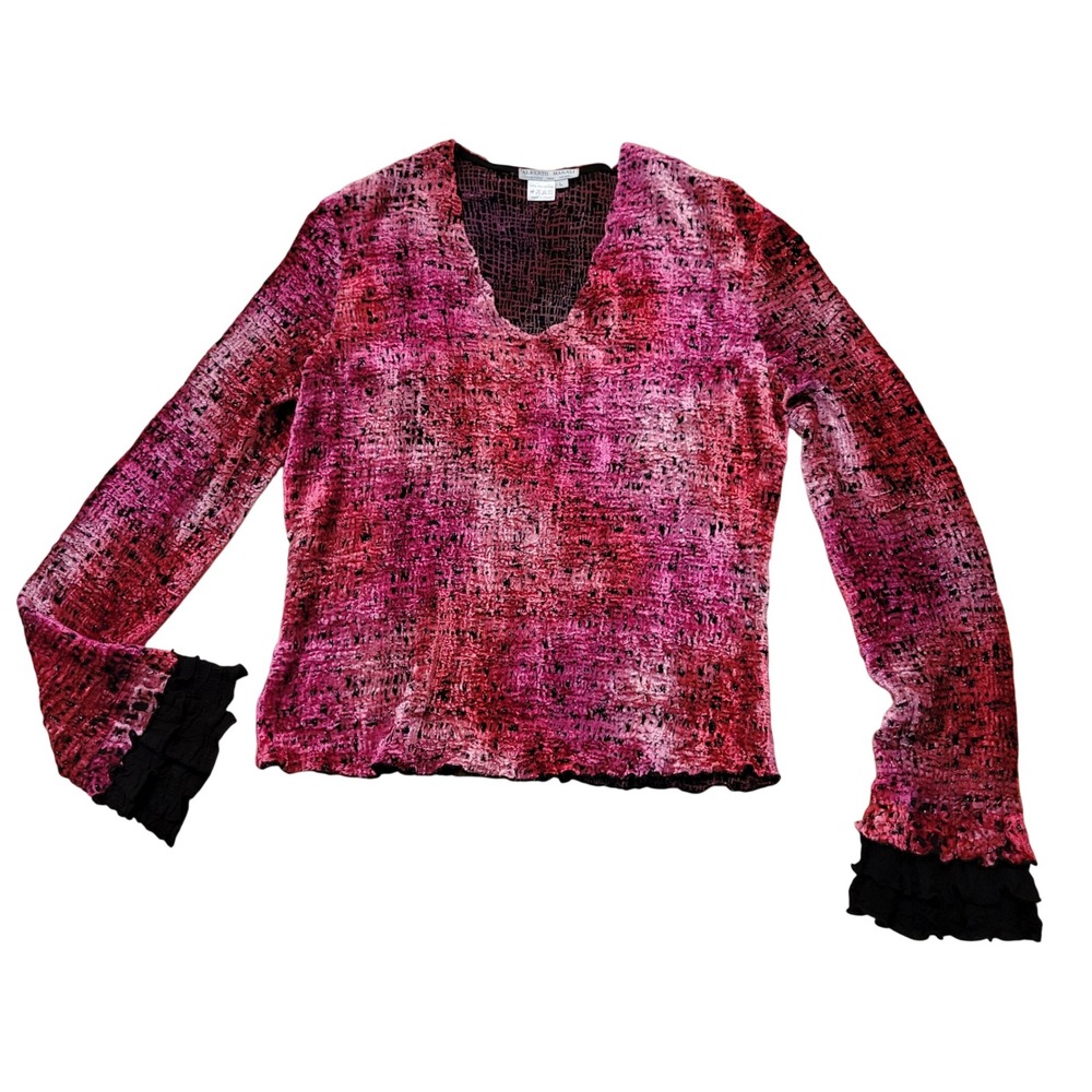 Alberto Makali L V Neck Top Pink Red Textured Ruffle Y2K Whimsigoth Coquette